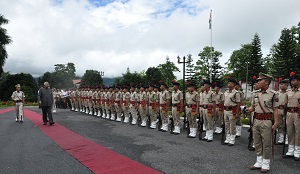 The Governor of Tripura Shri Tathagata Roy inspecting the Guard of Honour presented by Arunachal Pradesh State Police after being sworn-in as the Governor of the State at Raj Bhawan, Itanagar on 10th July 2016.